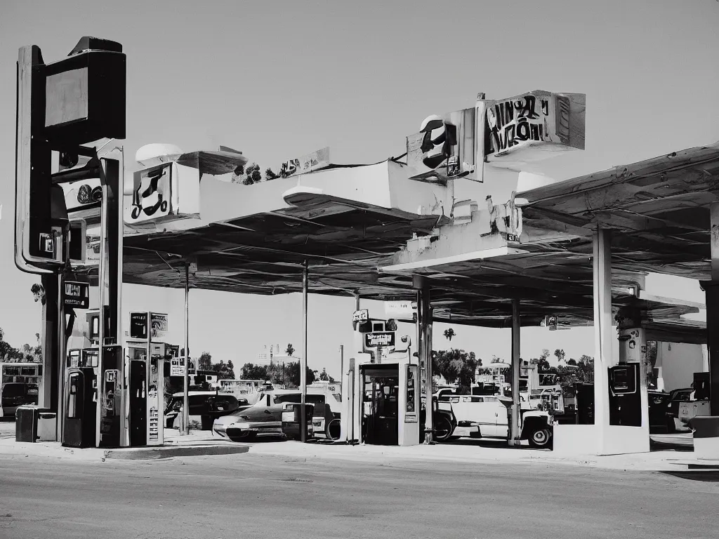 Prompt: “A black and white 35mm photo of a vintage gas station in Los Angeles”