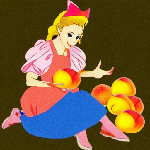 Prompt: princess peach eating a pile of peaches