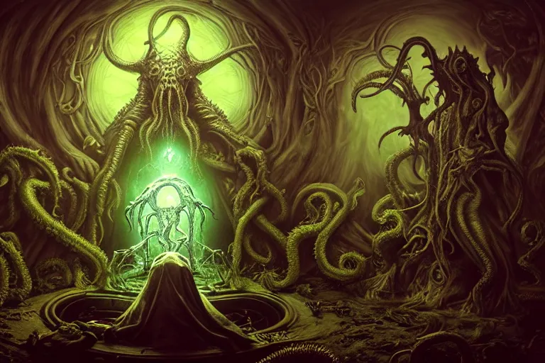 Image similar to hype realistic photorealistic hyperdetailed detailed group circle of pope priest necromancer invoking a in front of a cthulhu within a viscosity fluid lovecraft portal, wide - angle portrait, atmospheric lighting, intricate, volumetric lighting, rich deep colors masterpiece, ultra detailed, leesha hannigan, ross tran, thierry doizon, kai carpenter, ignacio fernandez rios