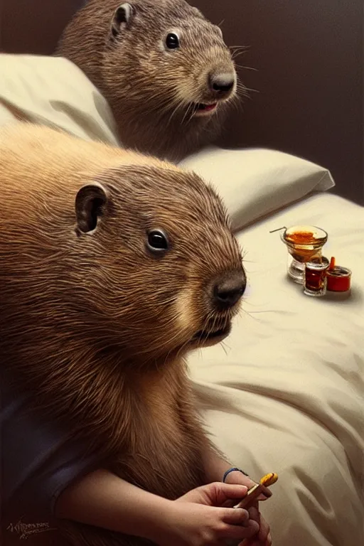 Image similar to drug addicted groundhog with a needle lies on the bed, realistic portrait, highly detailed, digital painting, artstation, concept art, smooth, sharp focus, illustration, cinematic lighting, art by artgerm and greg rutkowski and alphonse mucha