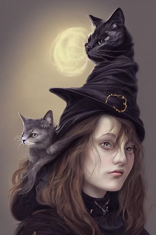 Image similar to A extremely beautiful portrait of a cute witch and her cat, surreal, ultradetailed, intricate, elegant, lithe, detailed, digital painting, artstation, concept art, smooth, sharp focus, illustration