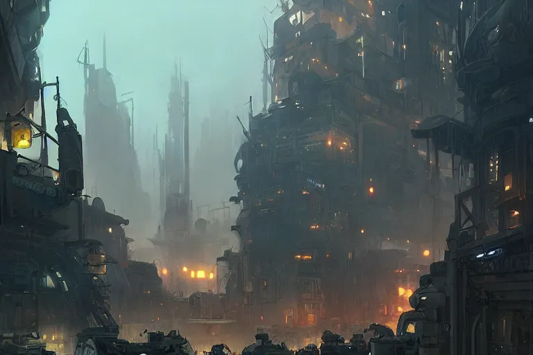 Prompt: concept art of an orcish dieselpunk city during wartime, key visual, ambient lighting, highly detailed, digital painting, artstation, concept art, sharp focus, by makoto shinkai and akihiko yoshida and hidari and wlop
