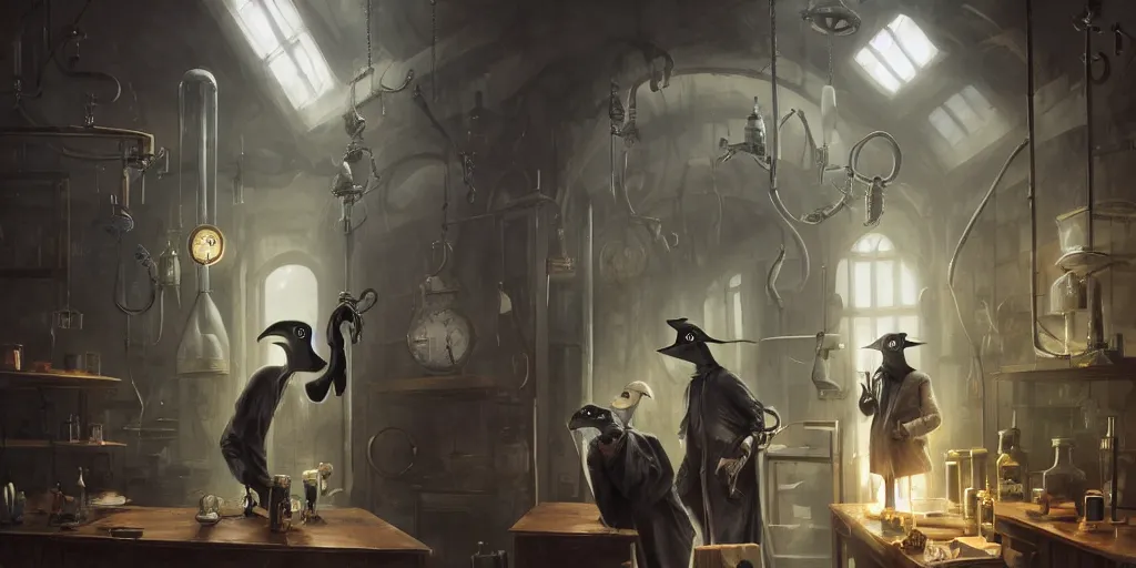 Image similar to a plague doctor and a humanoid rat in a laboratory with lots of flasks filled with magic liquids, stephen bliss, unreal engine, fantasy art by greg rutkowski, loish, rhads, ferdinand knab, ilya kuvshinov, rossdraws, tom bagshaw, global illumination, radiant soft light, detailed and intricate environment