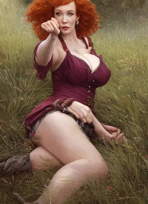 Image similar to Christina Hendricks taking a rest in a meadow after an long adventure, a ruggedly muscled handsome heroine, intricate, elegant, highly detailed, centered, digital painting, artstation, concept art, smooth, sharp focus, illustration, artgerm, donato giancola, Joseph Christian Leyendecker, WLOP, Artgerm, thunder storm