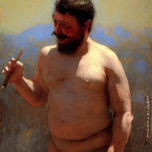 Prompt: a man with a pot-bellied body type, painting by Gaston Bussiere, Craig Mullins