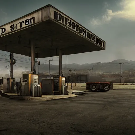 Prompt: dieselpunk fuel station, dirty cinematic scene, ultra realistic details, matte painting hd - n 9