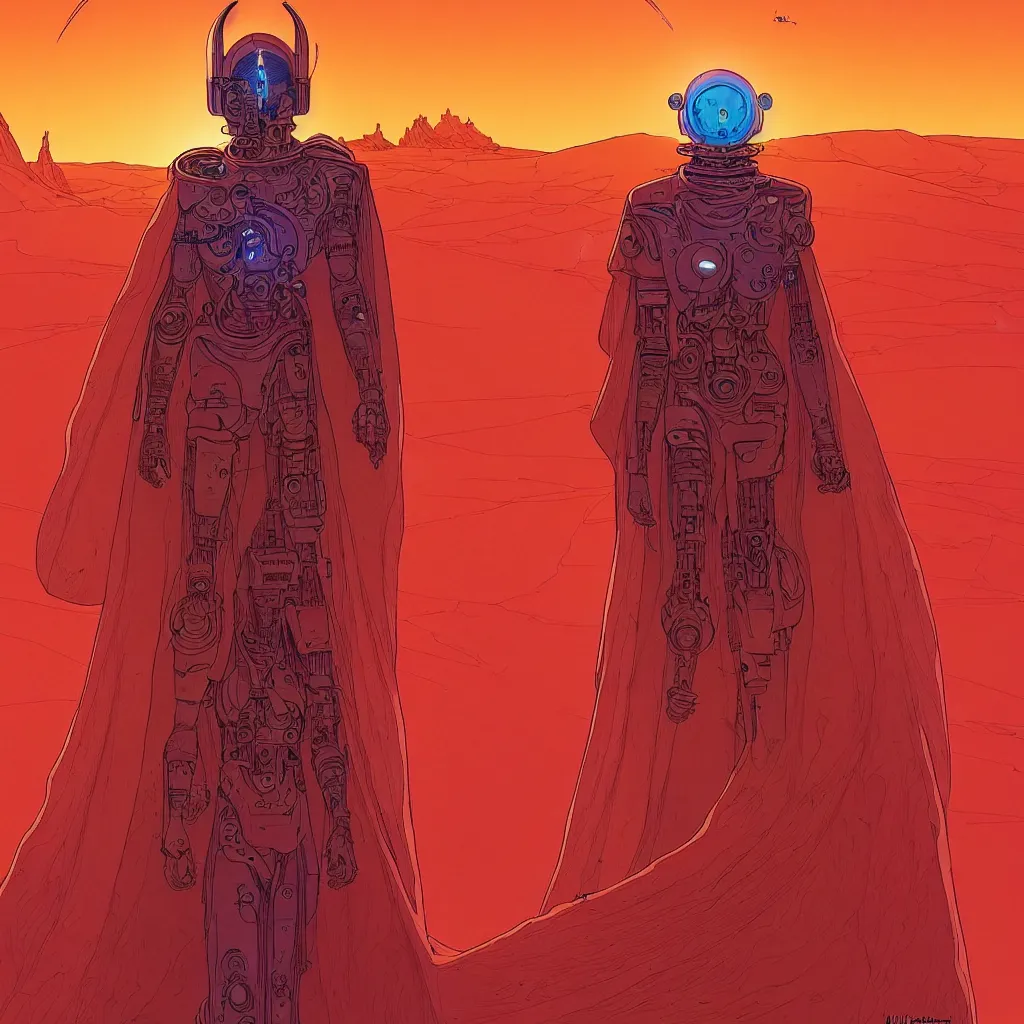 Prompt: a cyborg dressed in a large cloak walking through a dangerous desert, guardians of the sun, close up, in the center, centered, epic, intrincate, volumetric, by moebius, jean giraud & kilian eng moebius style
