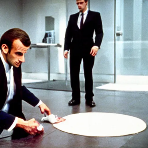 Image similar to Emmanuel Macron washing blood on the floor in American Psycho (1999)