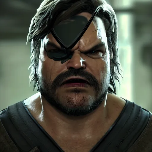 Image similar to Jack Black as a Metal Gear Solid Villain 2005 JRPG cinema 4d render, Ray tracing reflection, natural lighting, Unreal Engine award winning photography