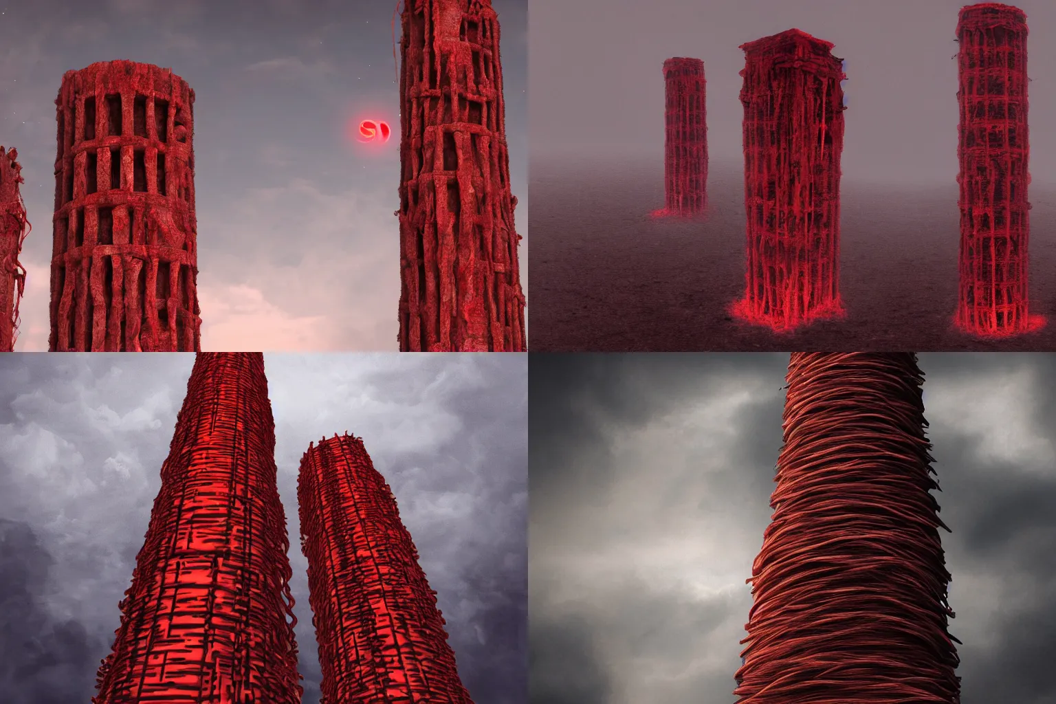Prompt: tall tower made of red twisting, pulsating human flesh with eyeballs in the walls and dark sky concept art 4k