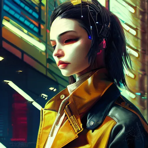 Image similar to A beautiful cyberpunk painting of a female thug by Wlop and Z eD, handsome face, bomber jacket, white hair, yellow iris, trending on artstation, pixiv, 4k, HDR, unreal engine