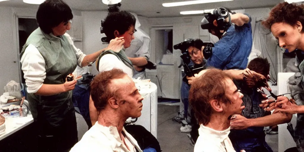 Image similar to color film still, behind the scenes of filming, staff applying makeup to actors. ; alien 2 ( 1 9 8 6 )