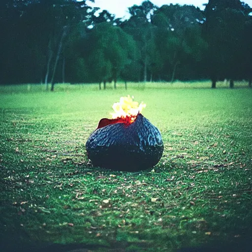 Prompt: “a burning avocado chair in the middle of an empty field at night. 35mm film. Cursed image.”