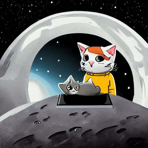 Image similar to light novel illustration cat wearing astronaut suit on the moon planet earth in the background sigma 1 4 mm f / 1. 8 astroied belt