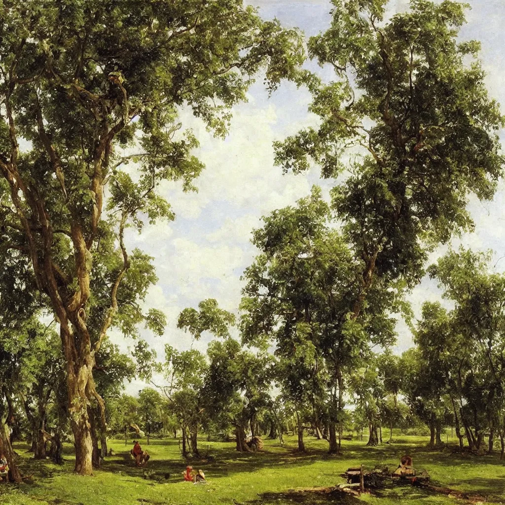 Prompt: banyan trees by the pond, a swing hangs from the tree, boys and girls, oil on the canvas, summer day, by ivan ivanovich shishkin
