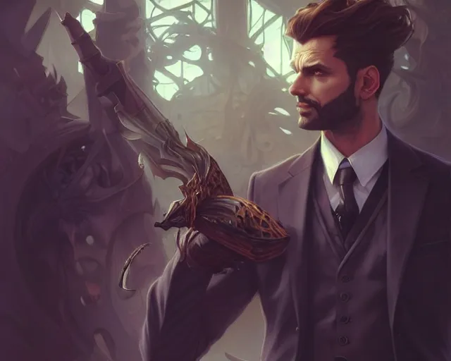 Image similar to handsome and brutal man in suit, deep focus, turnaround, fantasy, intricate, elegant, highly detailed, digital painting, artstation, concept art, matte, sharp focus, illustration, hearthstone, art by artgerm and greg rutkowski and alphonse mucha.