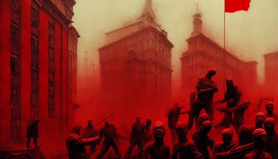 Prompt: only with red, soviet communism horror city apocalyptic atmosphere with soviet flag, in the style of beksinski and rodcenko and yue minjun and cory loftis, intricate and epic composition, red by caravaggio, highly detailed, masterpiece, red light, artstation, art nouveau