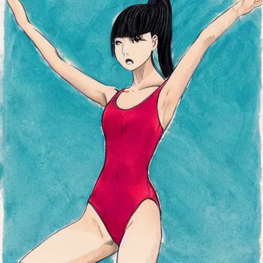 Prompt: a young gorgeous Chinese woman wearing sport racing competitive one piece swimsuit leotard, worksafe, colored pens sketch
