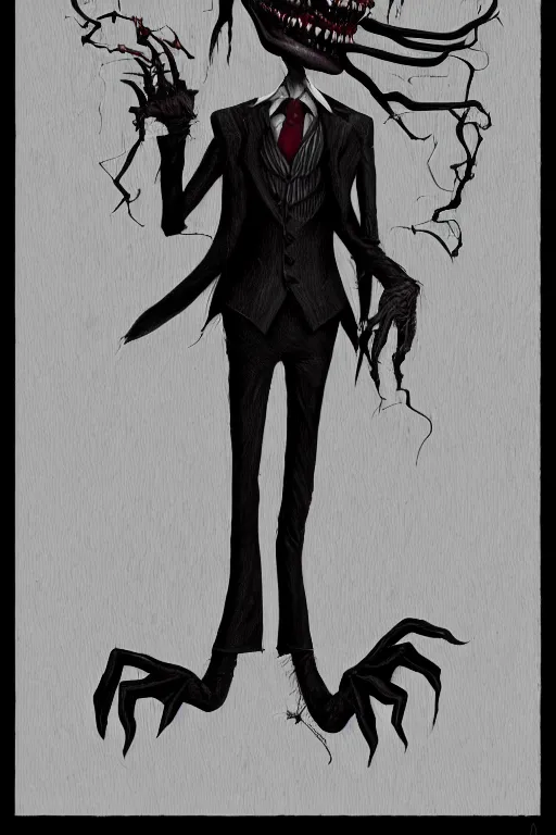 Prompt: creepy demon in a suit, tim burton, detailed, highly detailed, concept art, artstation, comic aesthetic, creepy aesthetic, toon shading, cel shading,