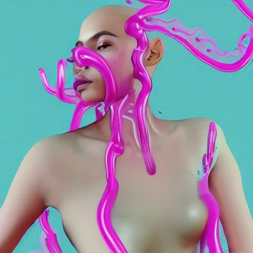 Prompt: Vass Roland cover art body art electronic ballerina arms up softcore hand holistic afro animal machine cables android gen behind head pose future bass girl unwrapped dress smooth body unfolds statue bust curls of hair petite lush front and side view body photography model full body curly jellyfish lips art contrast vibrant futuristic fabric skin jellyfish material metal veins style of Jonathan Zawada, Thisset colours simple background objective