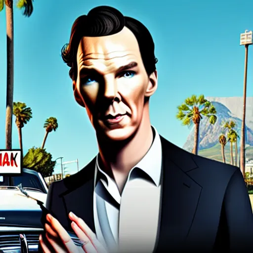 Prompt: Benedict Cumberbatch on a GTA 5 poster, 8k, HD
