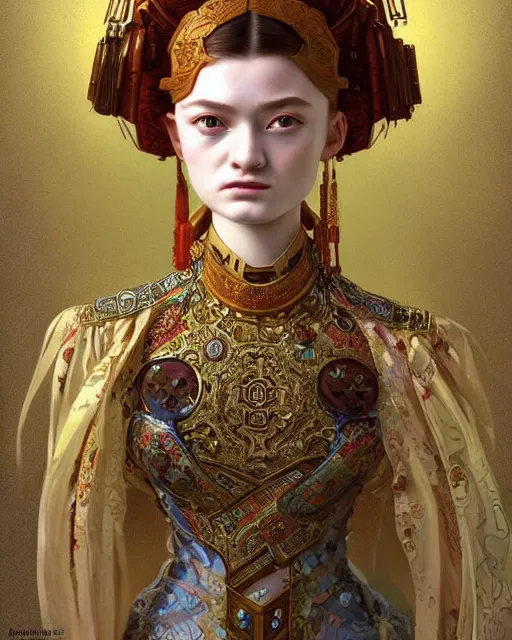 Image similar to portrait of a turkish masculine female sadie sink cyberpunk machine, machine face, upper half portrait, decorated with ottoman opera motifs, muscular, asian, fine china, wuxia, traditional chinese art, intricate intense elegant, highly detailed symmetry headpiece digital painting artstation concept art smooth sharp focus illustration, art by artgerm and greg rutkowski alphonse mucha 8 k