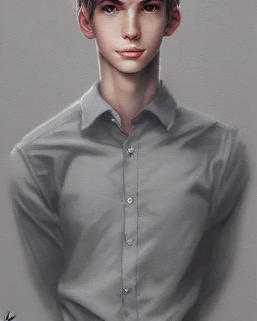 Image similar to portrait of 1 5 - year - old boy, a tall, slender boy with a pale, pointed face, sleek blond hair, and ice grey eyes, wearing in shirt, hyper realistic face, beautiful eyes, character art, art by mark brooks, art by artgerm and greg rutkowski trending on artstation, digital art