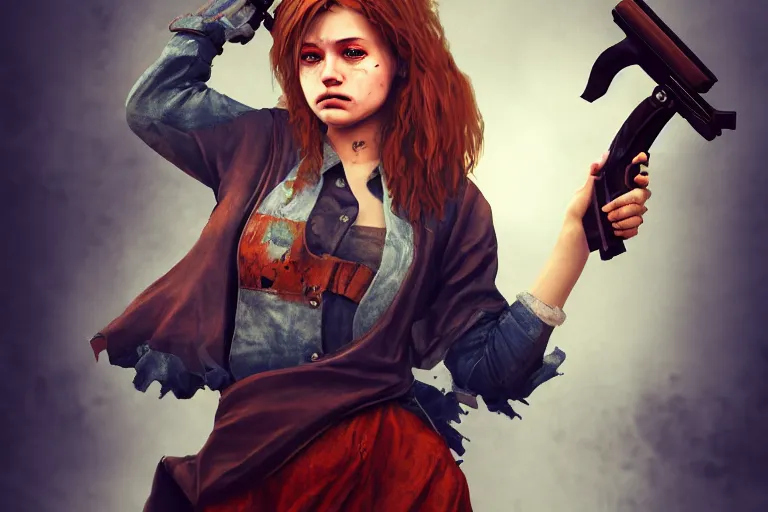 Prompt: girl in trash rags holding a revolver, character concept, valorant style, digital art, many details, super realistic, high quality, 8 k