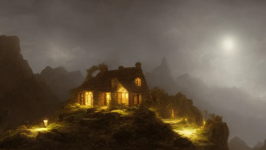 Image similar to A singular rotting cottage on a mountaintop at night, by Hubert Robert, hyperrealistic, Blender 8k UHD