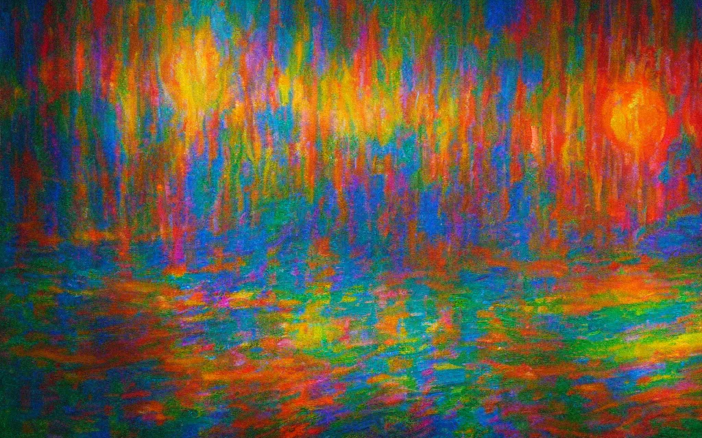 Image similar to iridescent move still from morn to midnight, award winning oil painting, ( chromatic aberration )