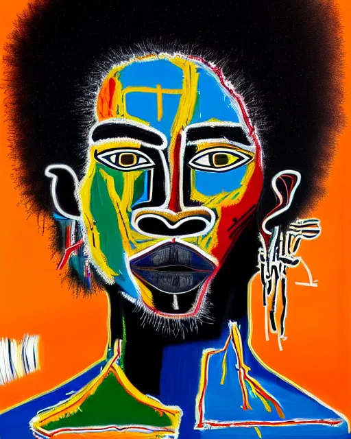 Image similar to A extremely ultra highly detailed majestic hi-res beautiful immaculate head and shoulders award winning painting stunning masterpiece of the face of a strong black african warrior man with an afro by Jean-Michel Basquiat, 8k, high textures, ultra hyper sharp, insanely detailed and intricate, super detailed, 8k HDR ultra high quality