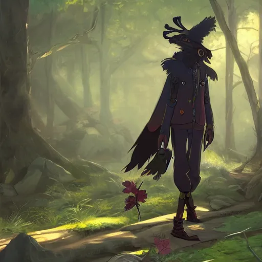 Image similar to concept art painting of an anthropomorphic crow person with steampunk clothes, in the deep forest, realistic, detailed, cel shaded, in the style of makoto shinkai and greg rutkowski and james gurney