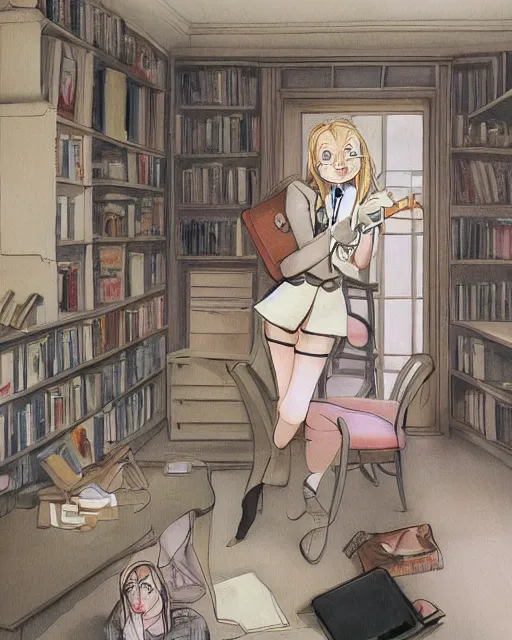 Prompt: illustration depicting a wealthy young mischievous female prep school student with medium length bright blonde hair and pale skin, in an old study room smoking her dad's cigarettes, complex artistic style, color ink pen illustration, subtle detailing, illustrated by Artgerm and Range Murata.