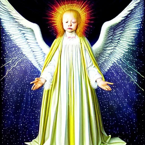 Image similar to highdetailed hyperrealistic painting of white angel!!! no gender!!!, giant ball of miracle light from the chest!!!!!, white sparkles everywhere, lot of fire and stars overhead!!!, by jan van eyck, holography space, glow effect, large strokes, soft and clean, bright white color