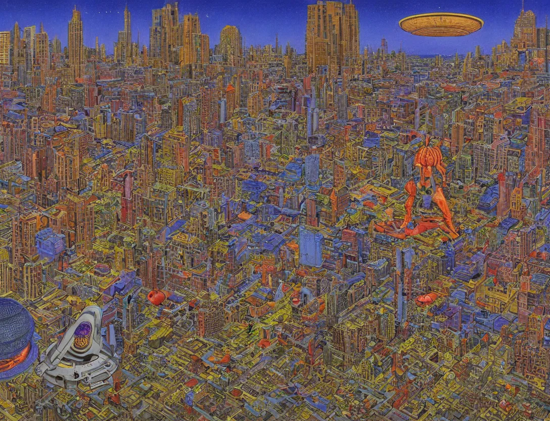 Image similar to ufo encounter in the city, by mati klarwein and moebius