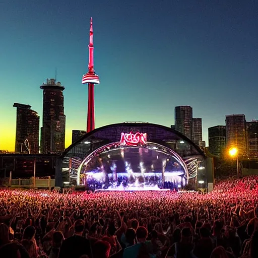 Image similar to “phish playing at the molson amphitheatre, playing giant tweezers instead of instruments, toronto skyline,8k”