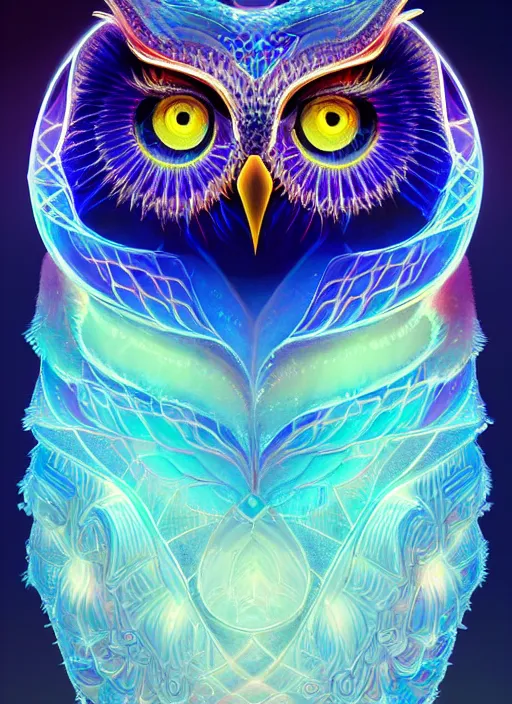 Image similar to symmetry!! product render poster vivid colors divine proportion owl, ice and snow, glowing fog intricate, elegant, highly detailed, digital painting, artstation, concept art, smooth, sharp focus, illustration,