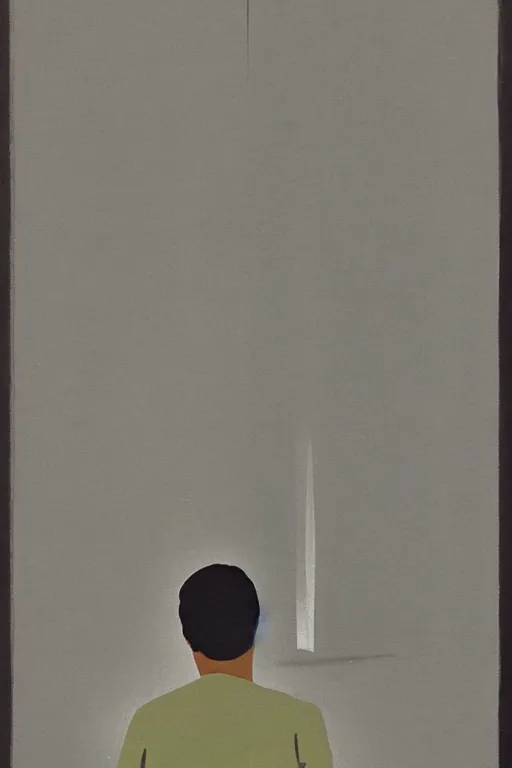 Image similar to man looking at his reflection in the mirror, 1960’s minimalist advertising illustration, painterly, expressive brush strokes