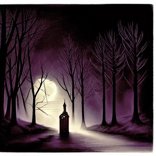 Prompt: in the style of gerald brom, caravaggio, beautiful small town, houses and buildings, 1 8 0 0 s, cobblestone roads, low light, purple low large moon, evil dark witch black magic, trees, forest in the distance, light mist