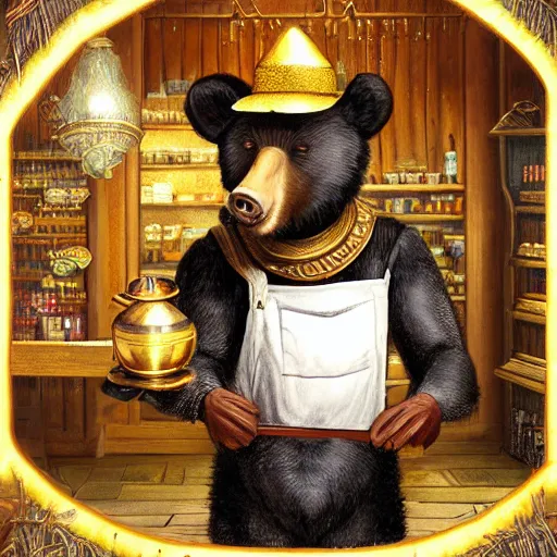 Image similar to Anthropomorphized black bear trader in his shop, selling his wares, portrait, items, gold, magic potions, carpet, window, fancy hat, sly expression , cunning expression, cute expression, long thick shiny gold beak, presenting wares, holding a gold bag, D&D, fantasy, cinematic lighting, highly detailed, digital painting, artstation, concept art, smooth, sharp focus, illustration, warm light, cozy warm tint, magic the gathering artwork, volumetric lighting, 8k, art by Akihiko Yoshida, Greg Rutkowski