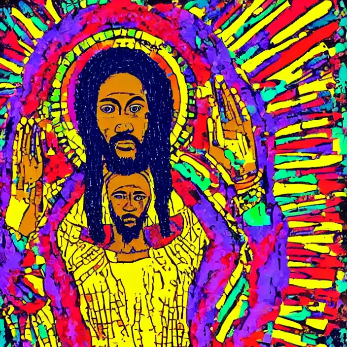 Image similar to UFO hovering over an African Jesus , colourful, in the style of Nigerian truck art,