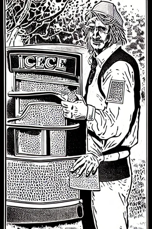 Image similar to ice cream man, pen - and - ink illustration, etching, by russ nicholson, david a trampier, larry elmore, 1 9 8 1, hq scan, intricate details, stylized border