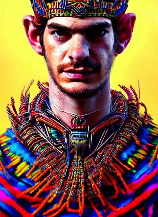 Image similar to portrait of andrew garfield, hyper detailed ultra sharp aztec shaman warrior. trending on artstation, warpaint aesthetic, bloodwave, colorful, psychedelic, ornate, intricate, digital painting, concept art, smooth, sharp focus, illustration, art by artgerm and greg rutkowski and h. r. giger, 8 k