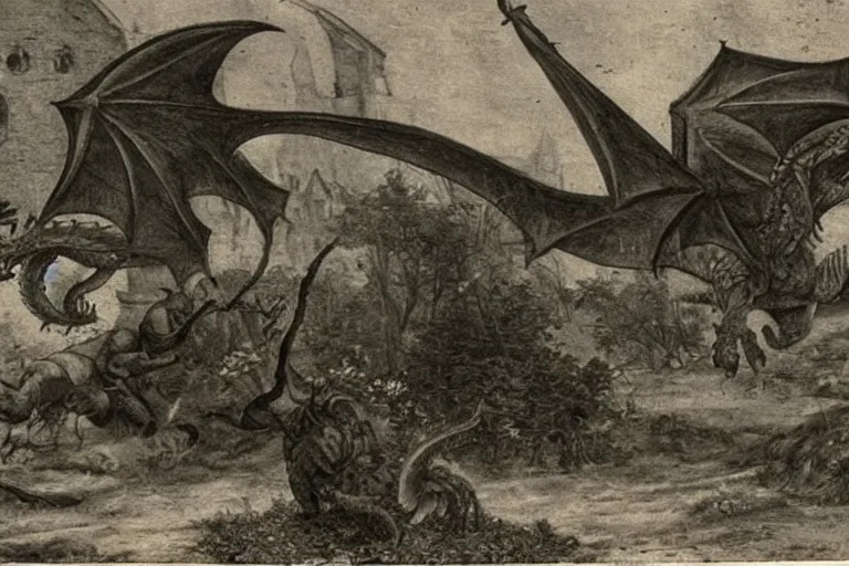 Prompt: very old photo of dragon attacking the medieval village