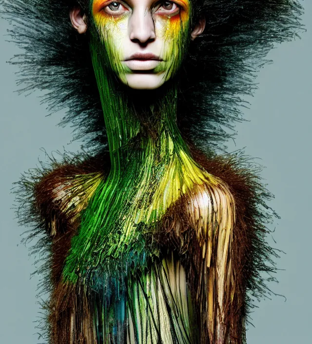 Prompt: photography portrait of one female fashion model in rainforest, wearing fluid organic clothes designed by iris van herpen, creative colorfull - makeup, curly hair style half long, photography by paolo roversi nick knight, helmut newton, avedon, and araki, natural pose, highly detailed