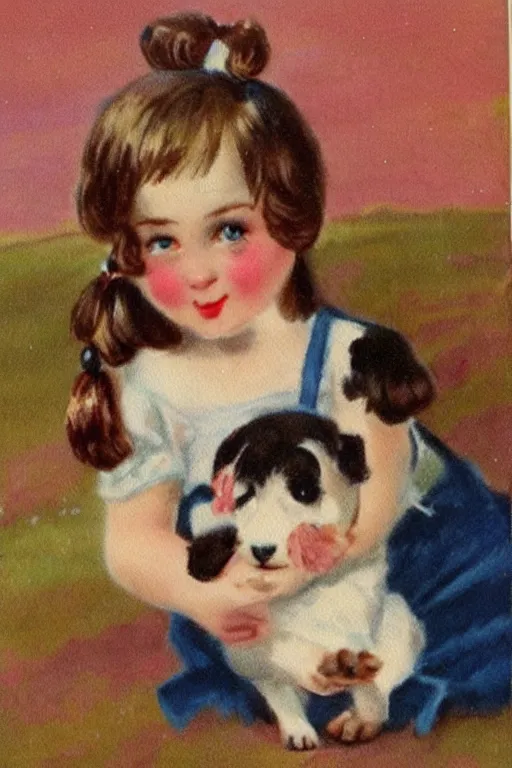 Prompt: a vintage cute girl with pigtails and puppy, beautiful colors, painted in the style Vintage greeting card, detailed