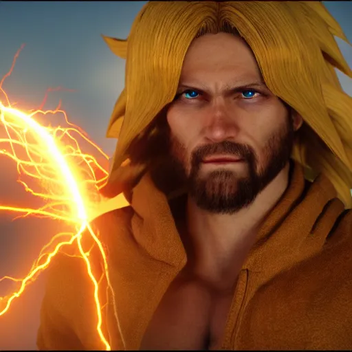 Image similar to jesus Christ as super saiyan, lightning in the sky, glowing, highly detailed, focus, photorealistic, cryengine