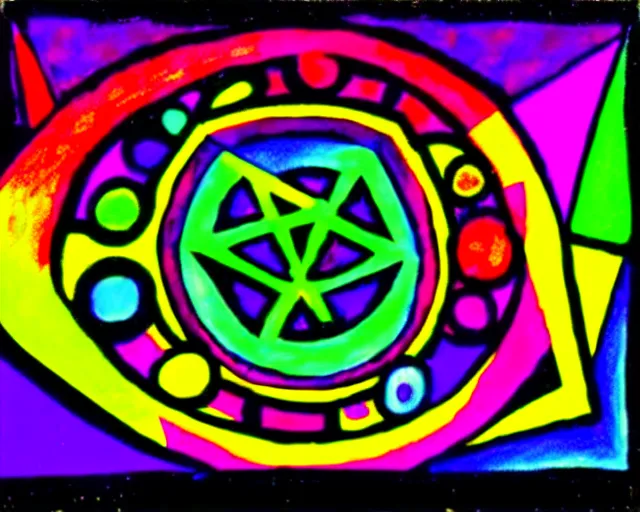 Prompt: Layered colorful magic spells in guernica style. Neon geometric inks artwork. Elemental envelopment of the arcane master mage's ritual