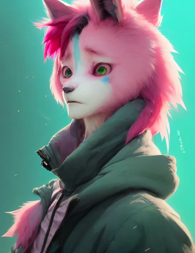 Image similar to a beautiful headshot portrait of a cute anime male with pink hair and pink wolf ears green eyes piercings wearing a hoodie. character design by cory loftis, fenghua zhong, ryohei hase, ismail inceoglu and ruan jia. artstation, volumetric light, detailed, photorealistic, fantasy, rendered in octane