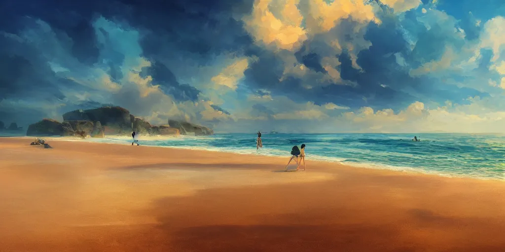 Prompt: a beach, cinematic angle, studio Ghibli, volumetric lighting, bold, beautiful composition, intricate, elegant, digital art, detailed oil painting, hyperrealistic, sharp focus, 8k